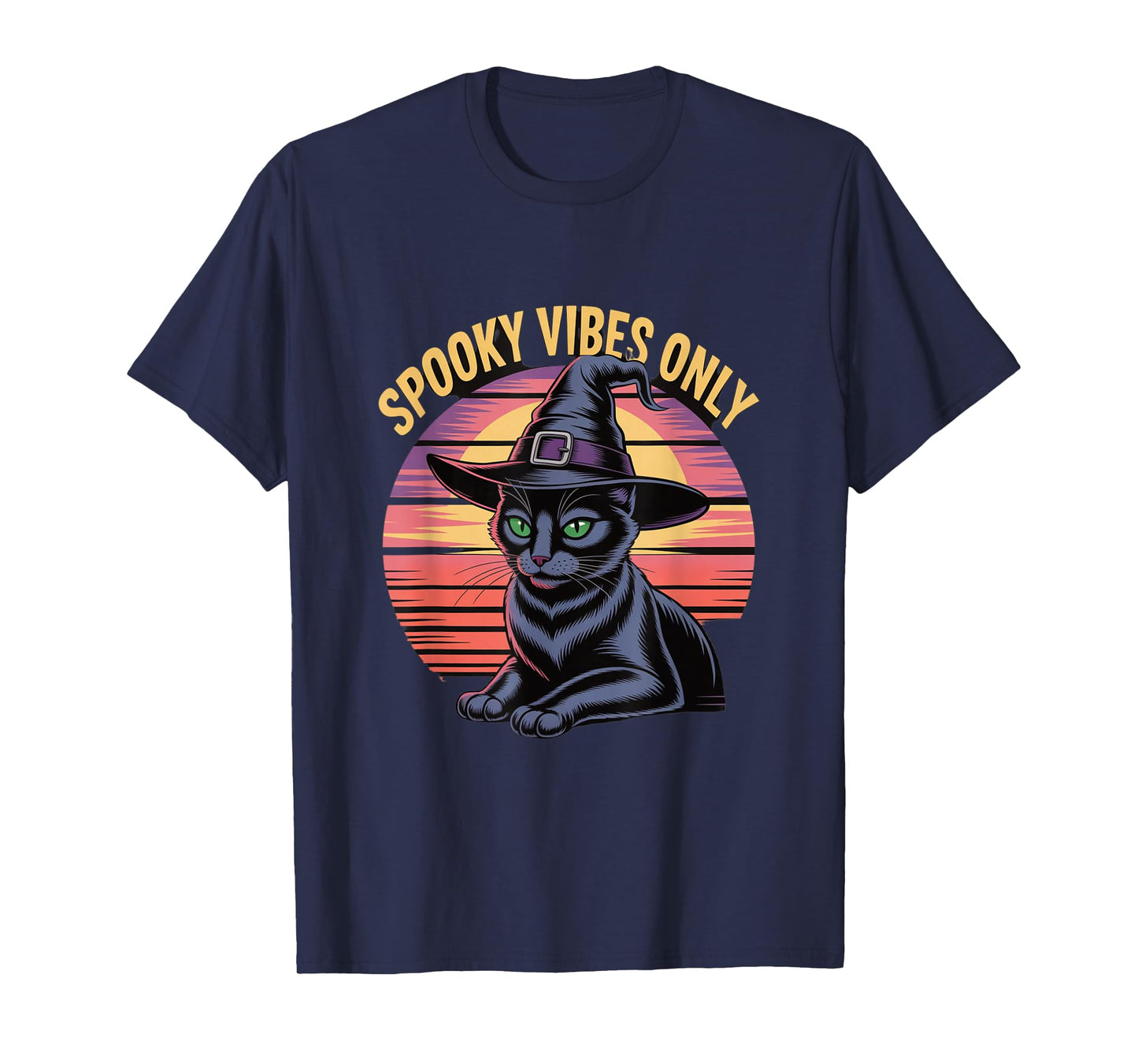 Spooky Vibes Only Cat Witch Hat Sunset Halloween T-Shirt