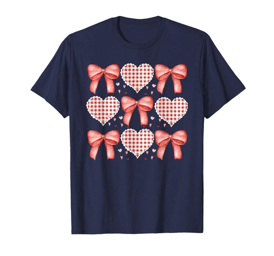 Valentine's Day Coquette Bows Gingham Hearts Vintage T-Shirt