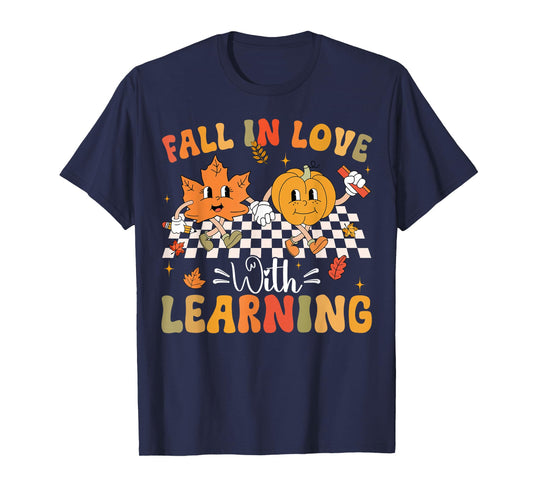 Retro Fall In Love With Learning Autumn Pumpkin Teacher T-Shirt