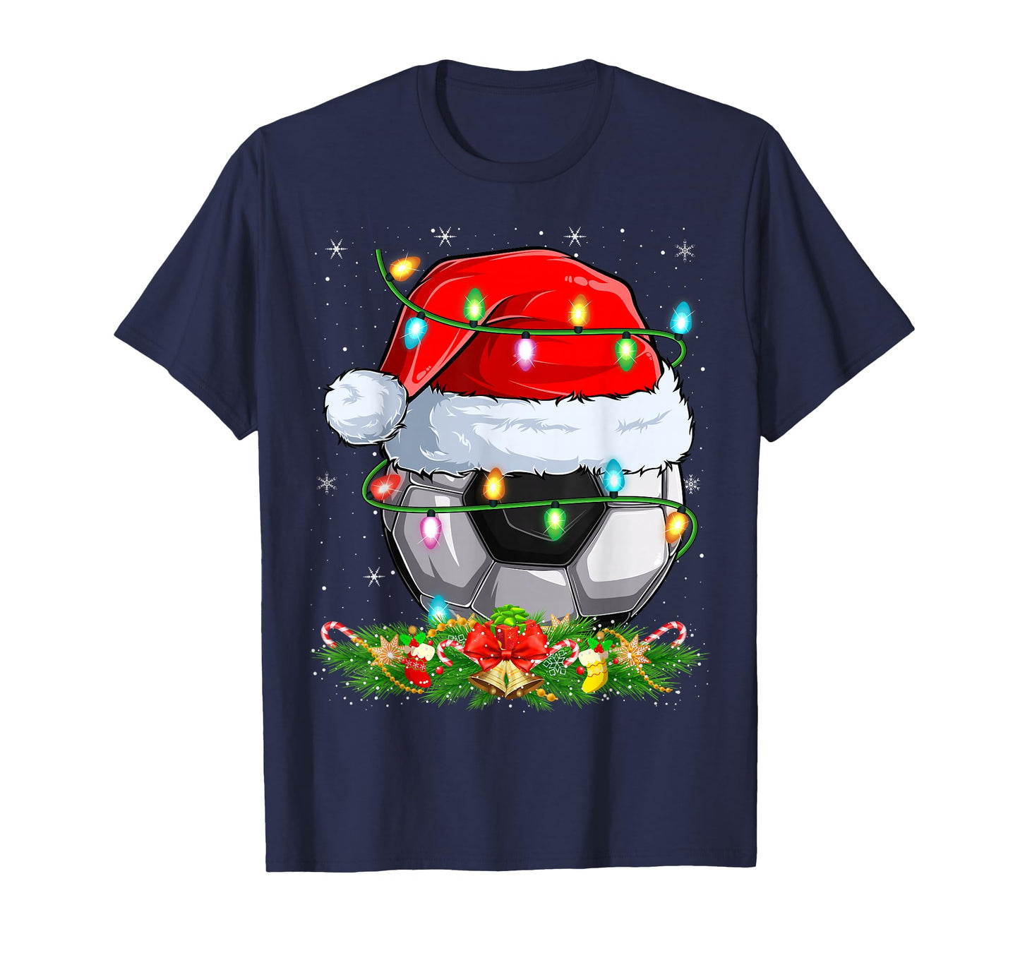 Soccer Ball Christmas Lights Funny Santa Soccer Player Xmas T-Shirt