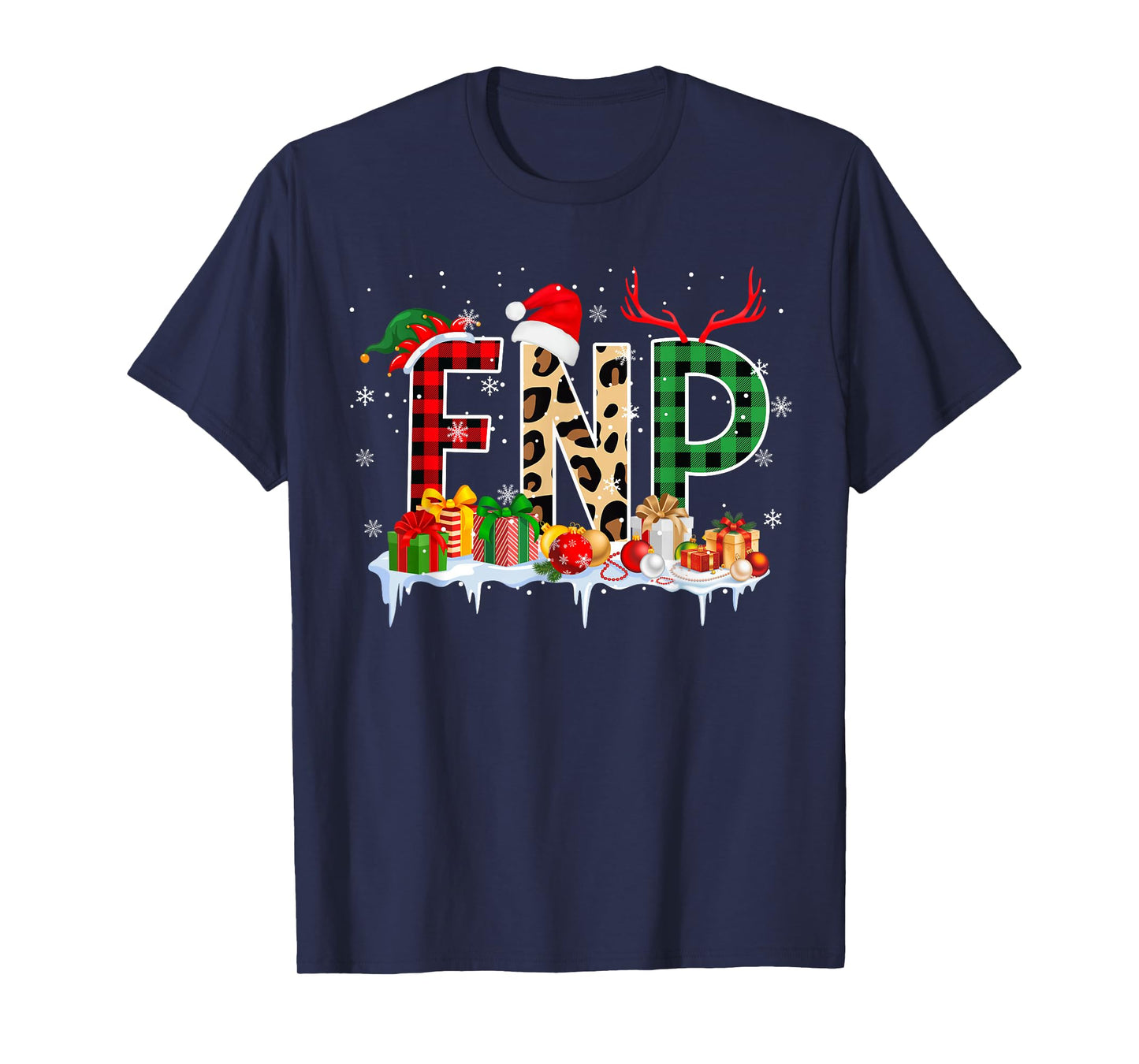 Leopard Red Plaid FNP Nursing Santa Hat Reindeer Christmas T-Shirt