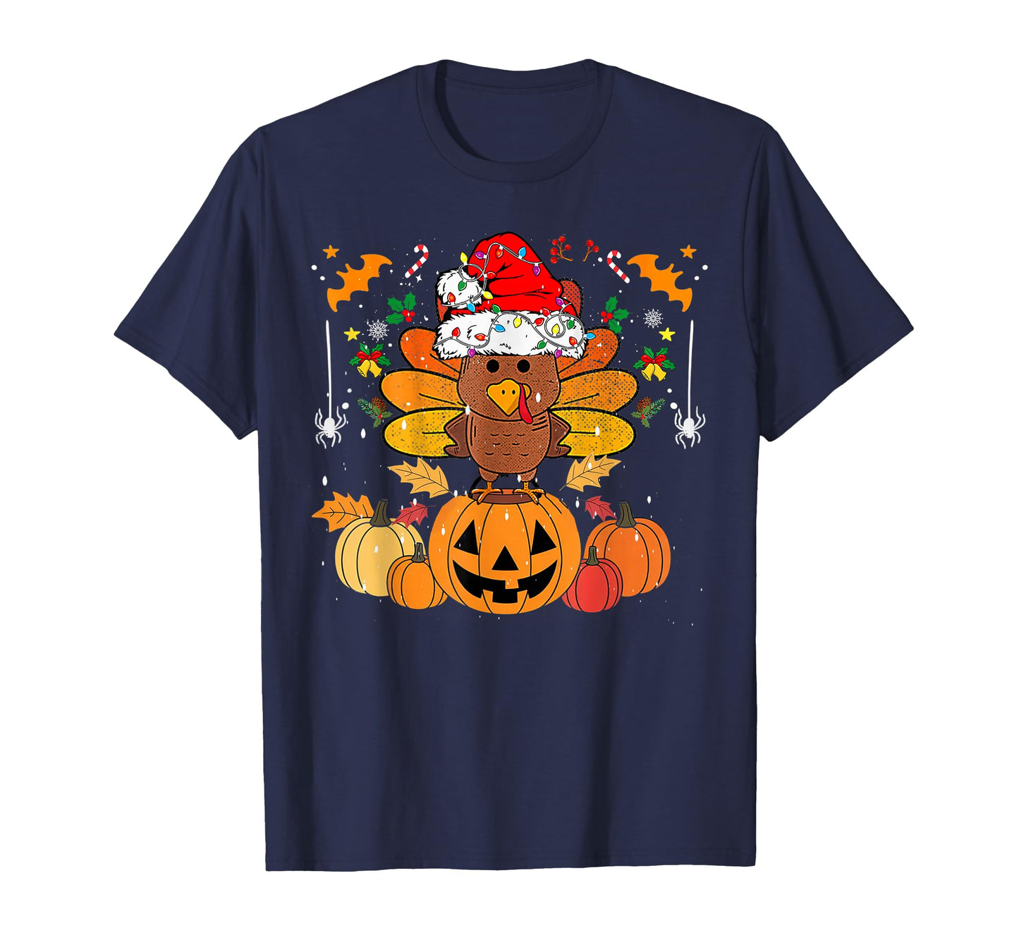 Funny HalloThanksMas Happy Thanksgiving Santa Turkey T-Shirt