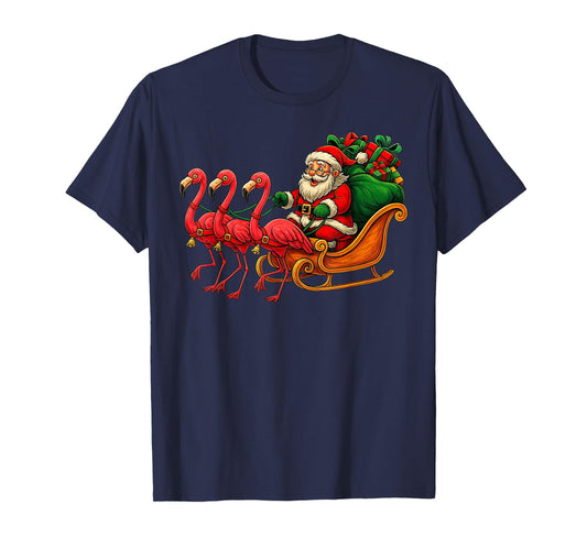 Cute Santa Sleigh Flamingo Funny Christmas T-Shirt