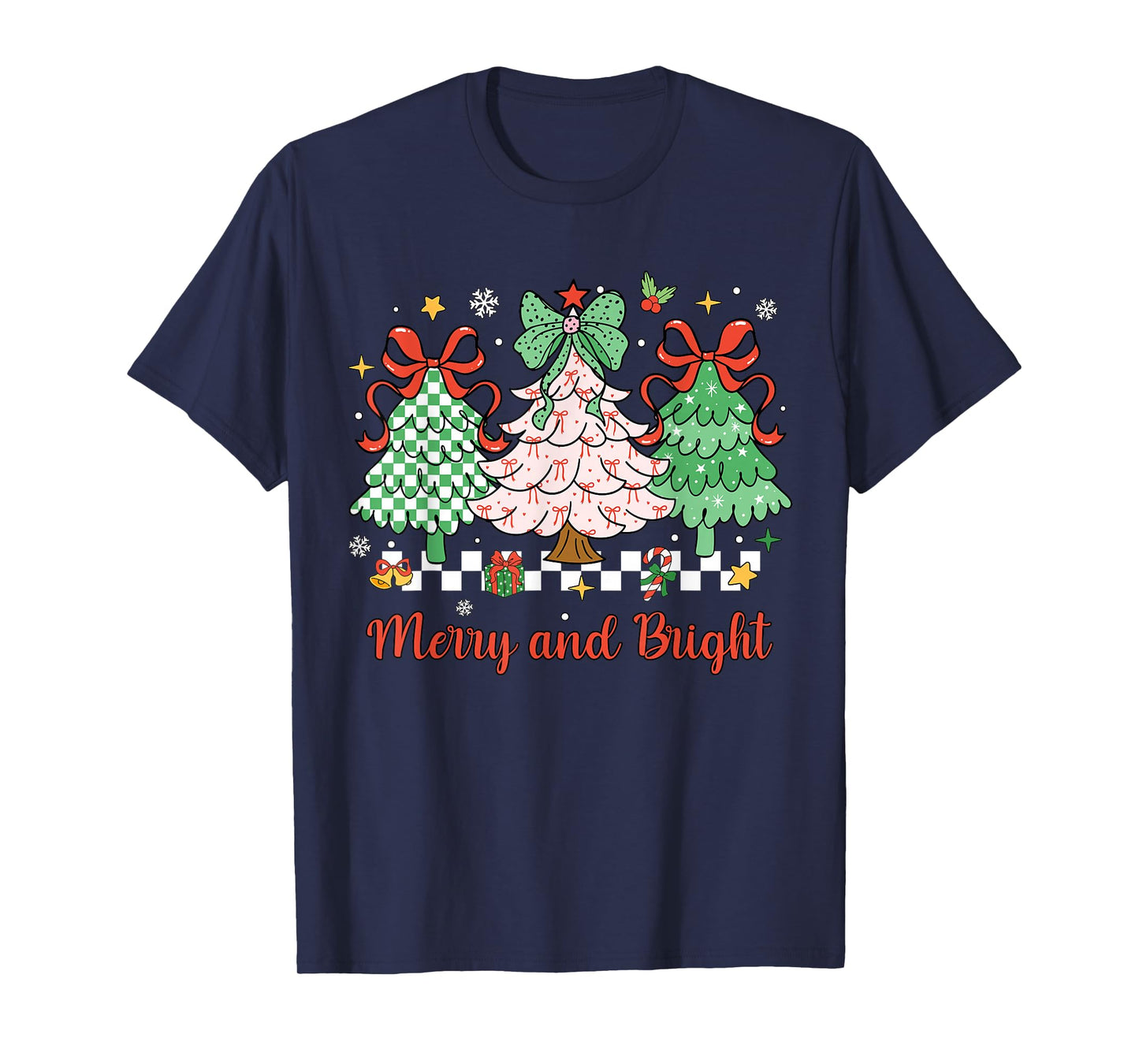 Merry and Bright Christmas Coquette Bow Christmas Tree Women T-Shirt