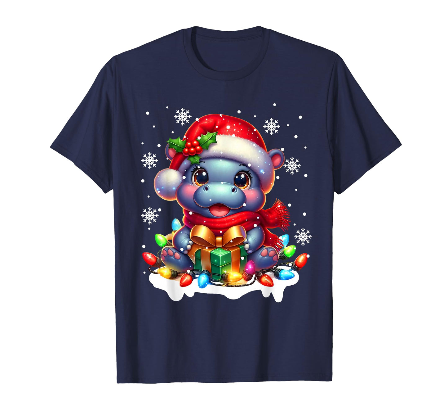 Funny Hippopotamus Santa Tangled up in Christmas Lights T-Shirt