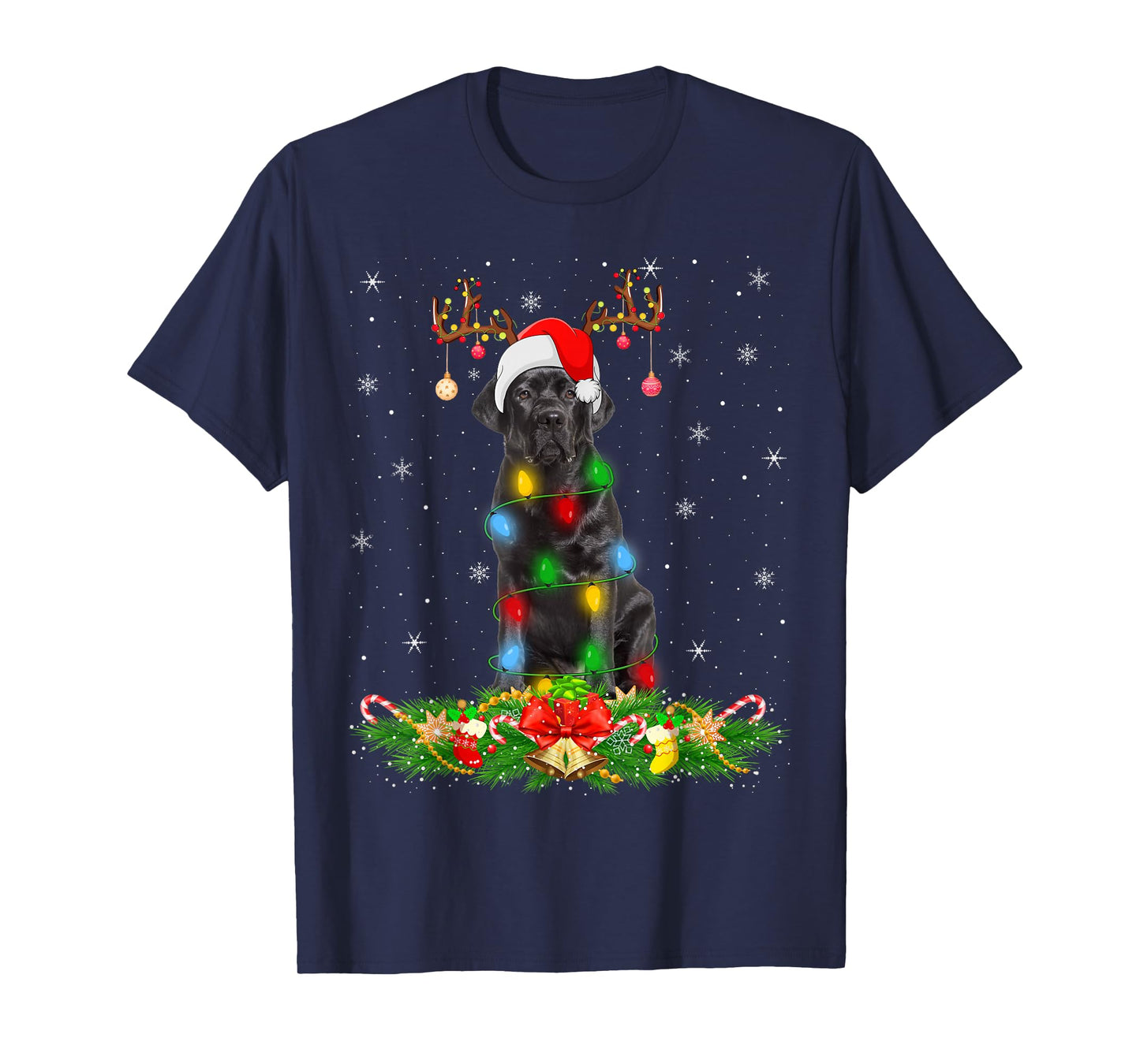 Black Labrador Retriever Dog Xmas Lights Santa Hat Christmas T-Shirt