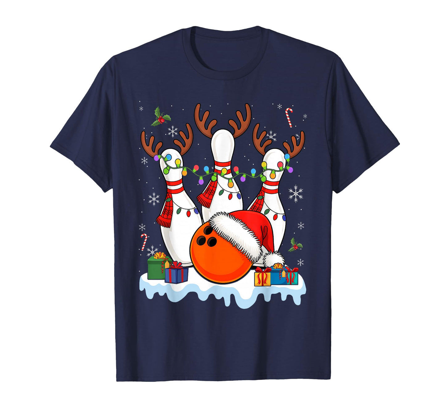 Christmas Bowling Santa Hat Lights T-Shirt