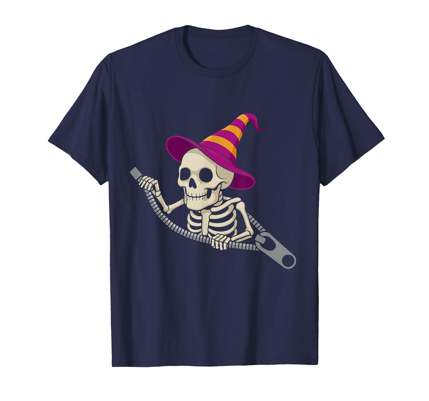 Skeleton in a Witch Hat Emerging from a Zipper for Halloween T-Shirt