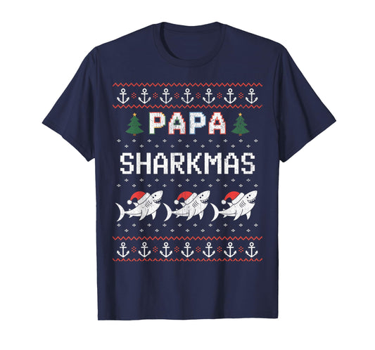 Papa Sharkmas Funny Shark Santa Hat Ugly Christmas Sweater T-Shirt