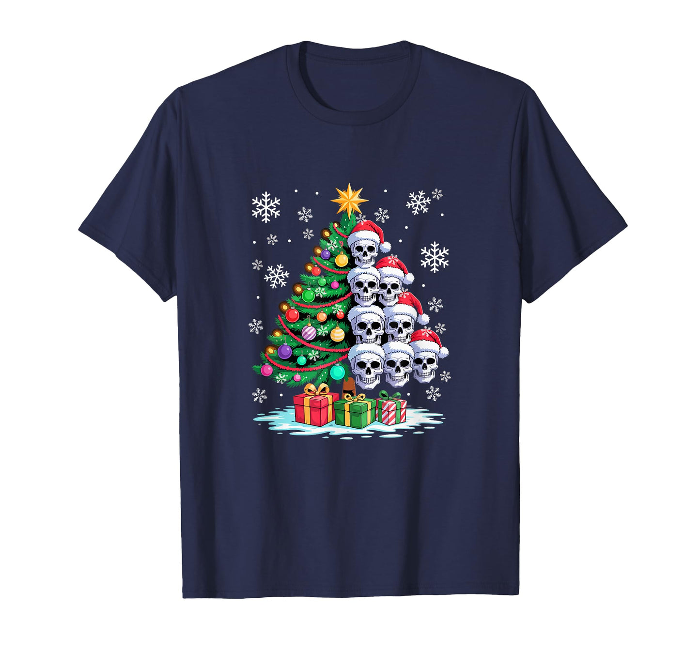 Decorating Colorful Xmas Tree Half Group Santa Skulls T-Shirt