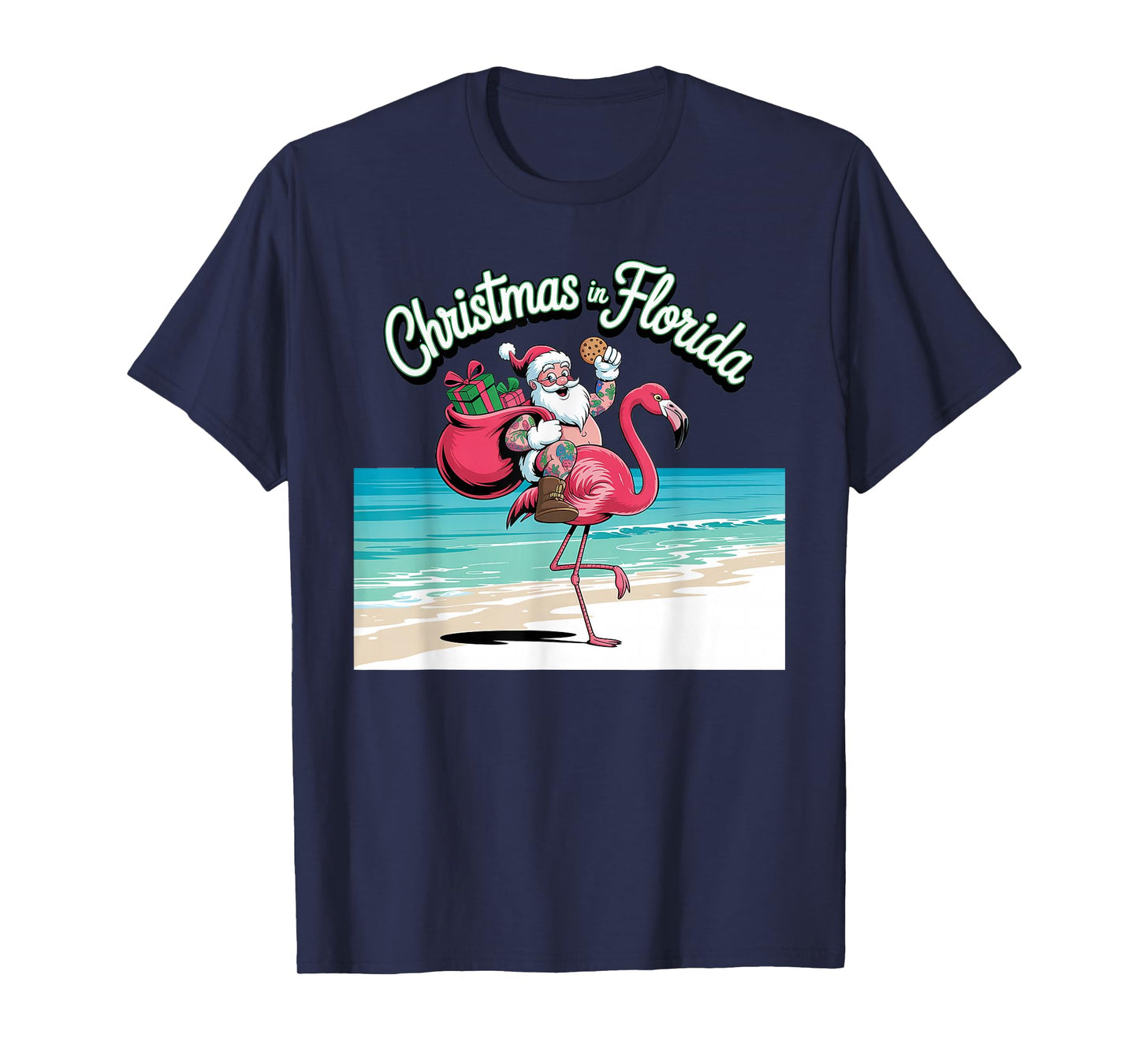 Christmas in Florida Sun Tanning Santa Riding Flamingo T-Shirt