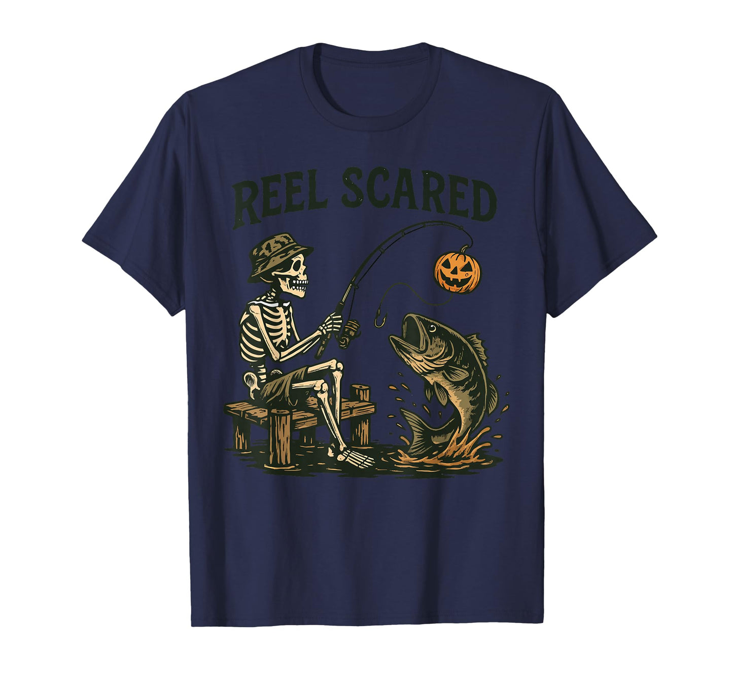 Reel Funny Scared Halloween Fishing Skeleton Pumpkin Bass T-Shirt