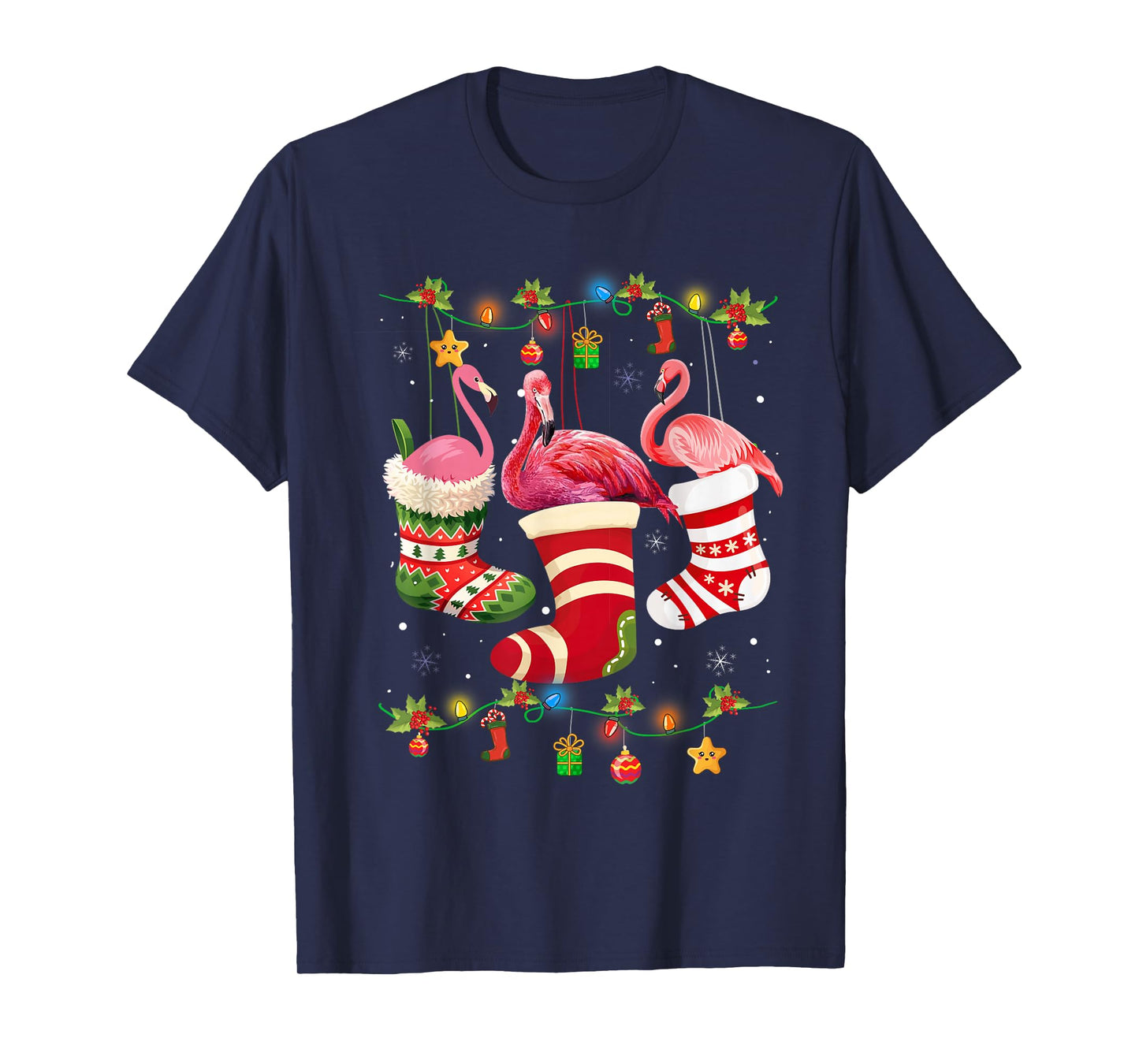 Christmas Lights Pink Flamingo Santa Hat Xmas Women Girls T-Shirt