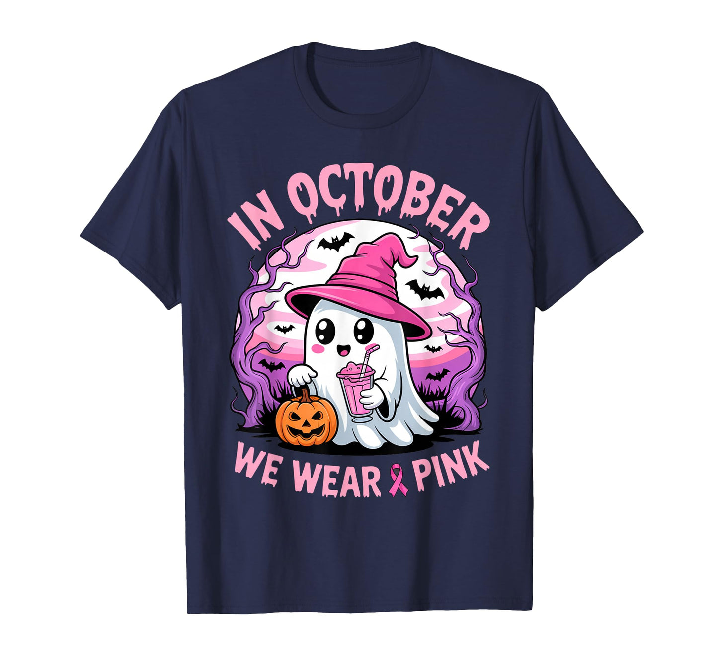 in October We Wear Pink Breast Cancer Halloween Ghost T-Shirt