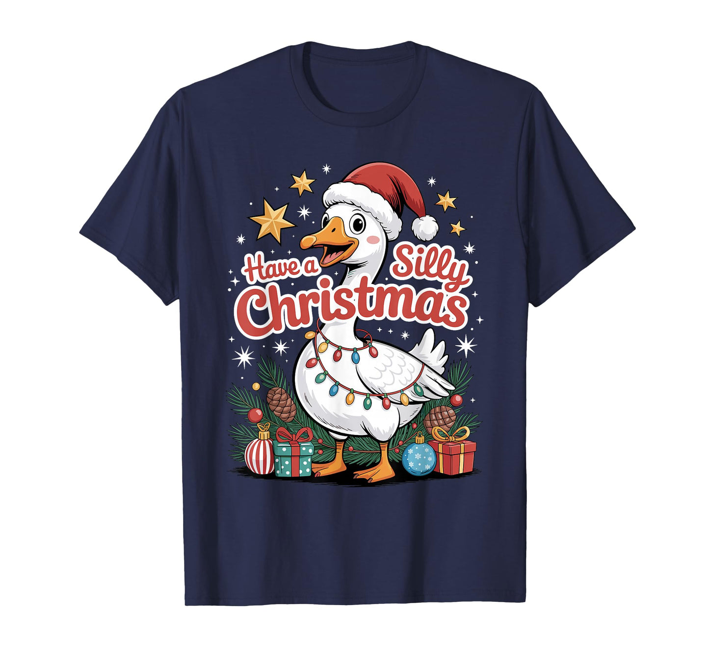 Have A Silly Christmas Funny Goose Santa Hat Lights Stars T-Shirt