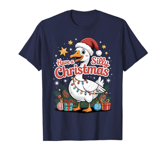 Have A Silly Christmas Funny Goose Santa Hat Lights Stars T-Shirt