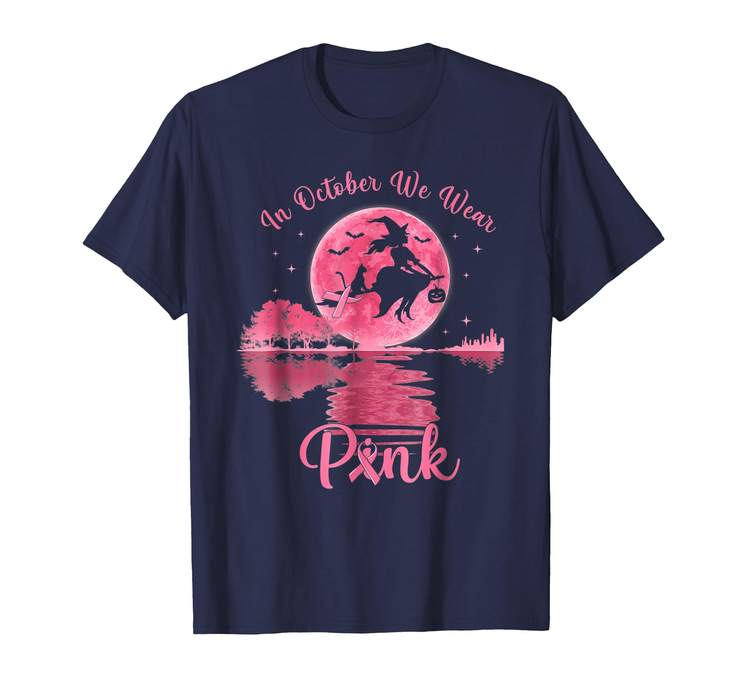 in October We Wear Pink Ribbon Witch Halloween Breast Cancer T-Shirt