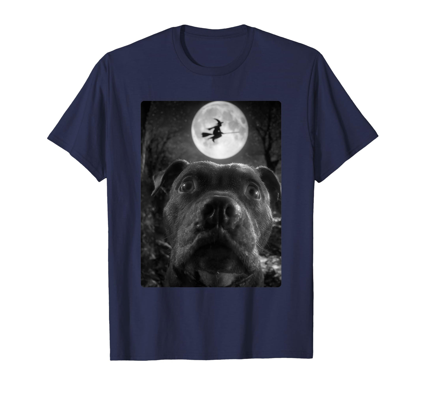 Funny Pit Bull Selfie Full Moon Flying Witch Halloween Dog T-Shirt