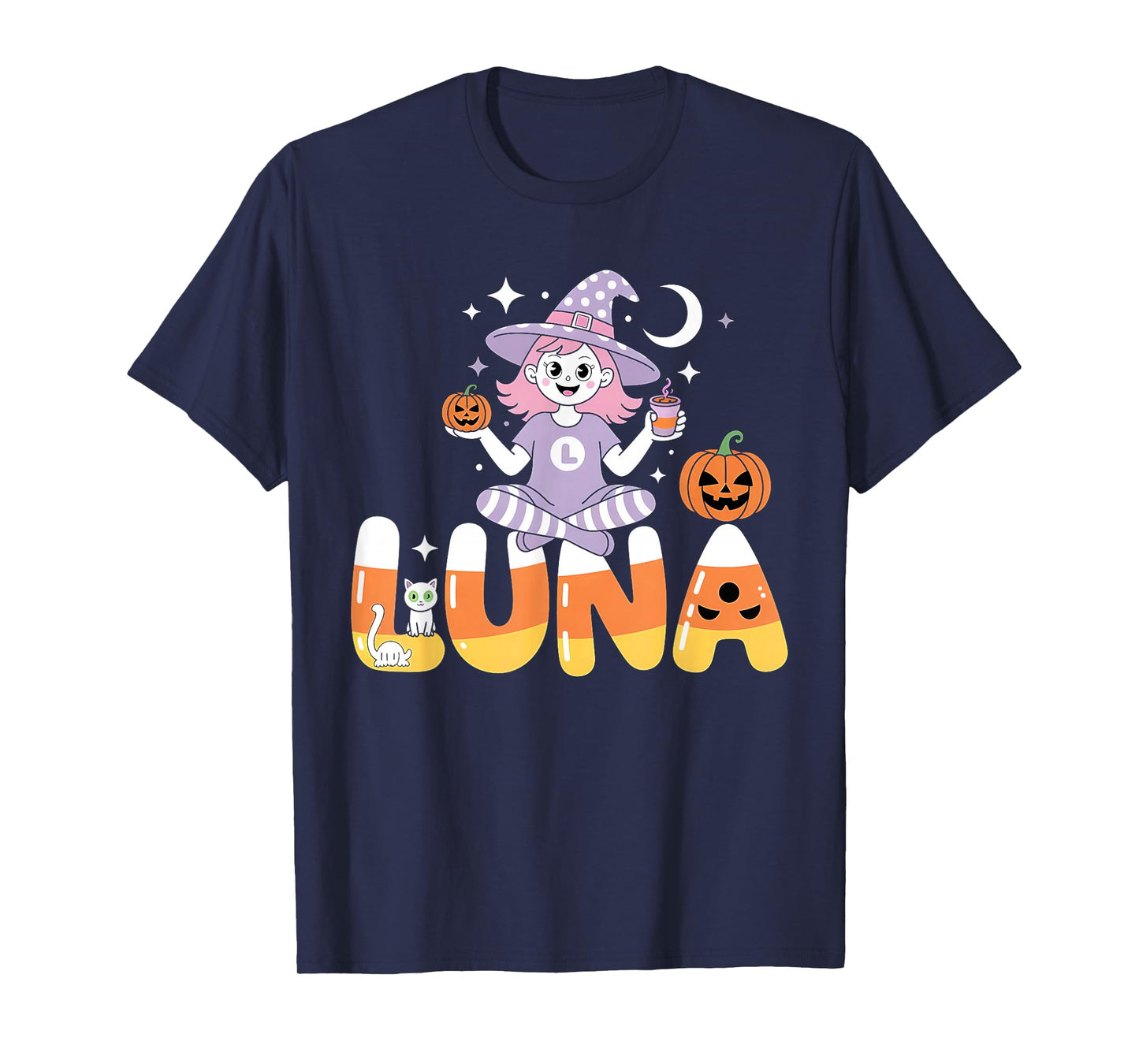 Luna Witch Candy Corn Cat Halloween Women and Girls T-Shirt