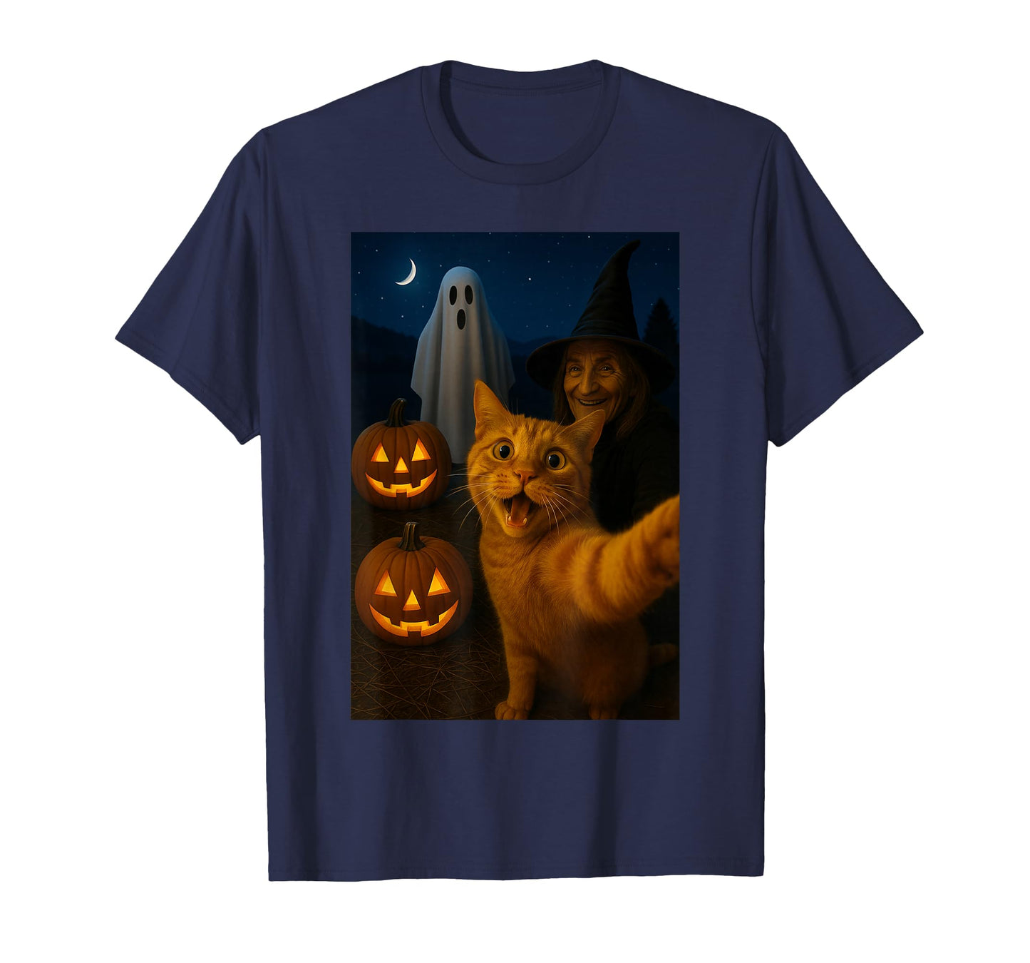 Funny Halloween Cat Selfie with Ghost Boo Witch Pumpkin Tees T-Shirt