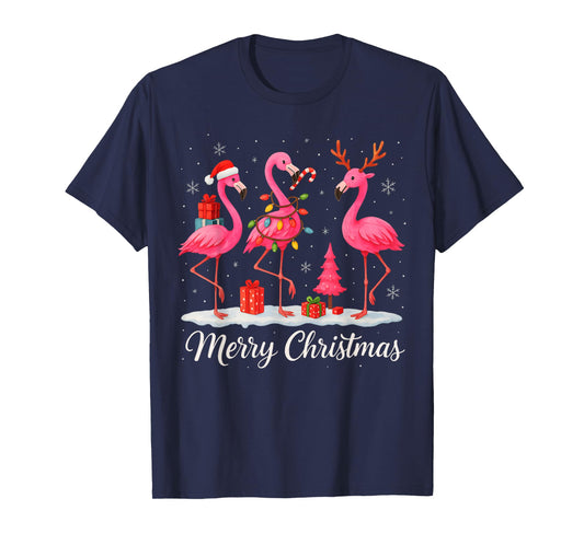 Merry Christmas Santa Flamingo Xmas Light Men Women Kid T-Shirt