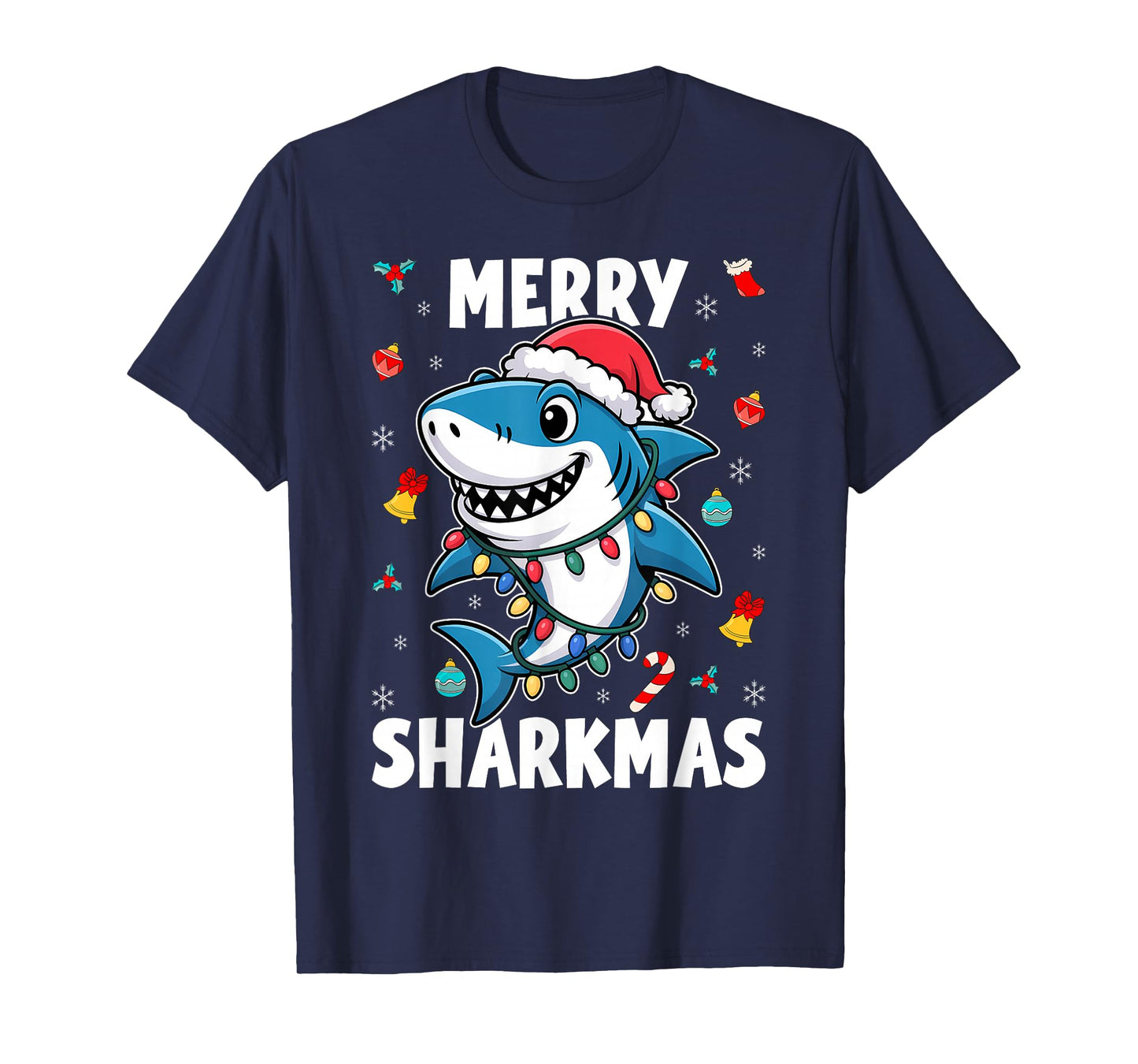 Santa Shark Christmas Lights Boys Merry Sharkmas Xmas T-Shirt