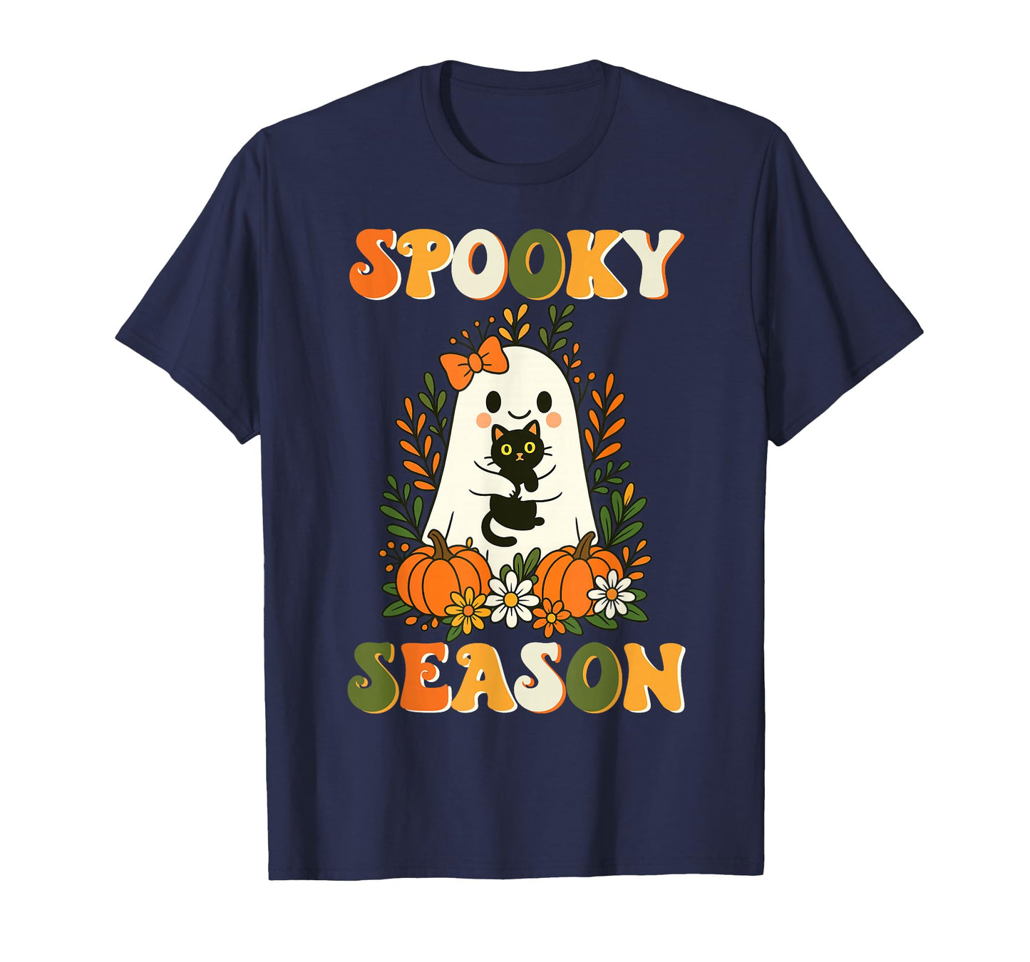 Spooky Season Ghost with Black Cat and Pumpkins Halloween T-Shirt
