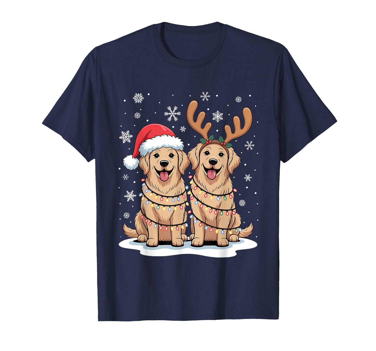 Golden Retriever Christmas Santa Hat Reindeer Lights Pajama T-Shirt