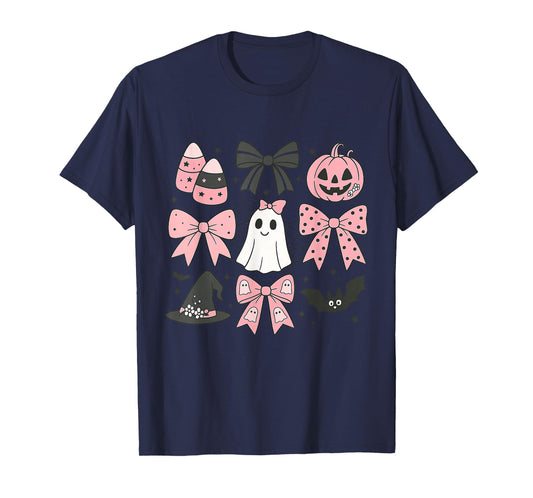 Cute Pink Halloween Ghost Pumpkin Bow Design T-Shirt