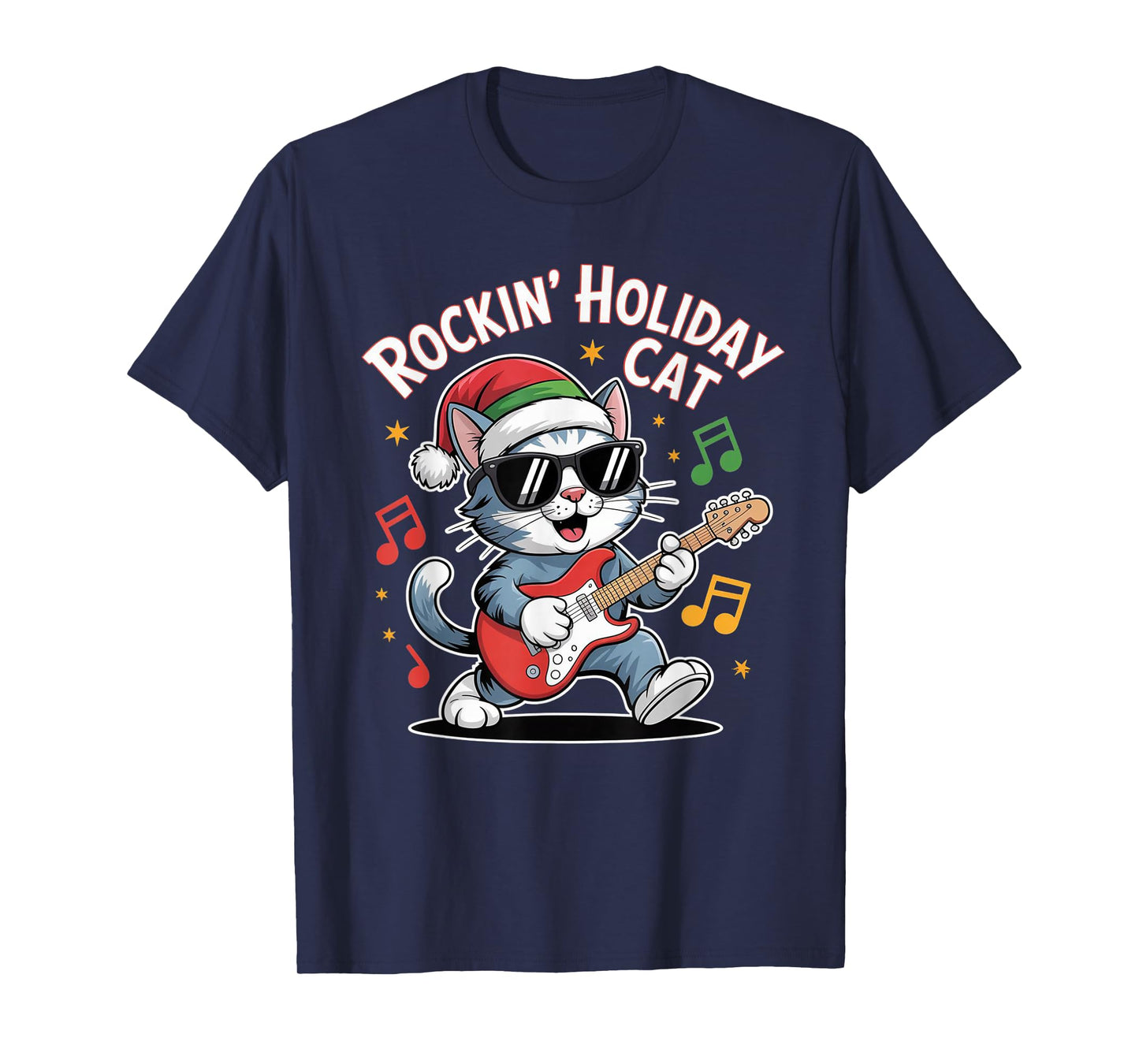 Christmas Santa Hat Cat Playing Guitar Rock and Roll T-Shirt