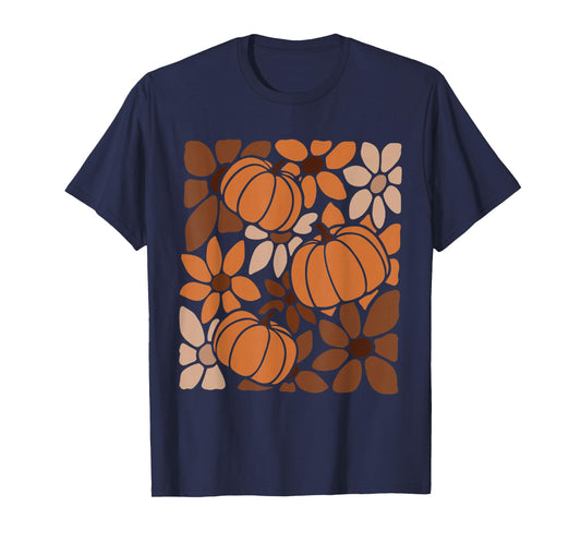Fall Pumpkins Autumn Flowers Harvest Season Retro Boho Women T-Shirt