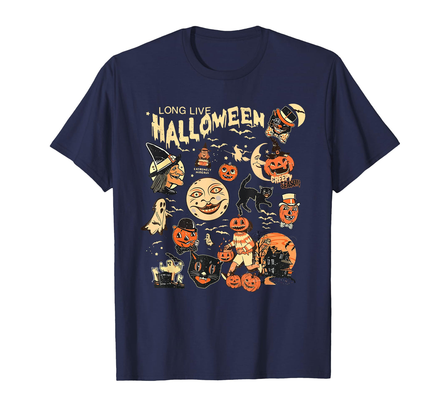 Long Live Halloween Funny Pumpkin Bat Halloween Black Cat T-Shirt