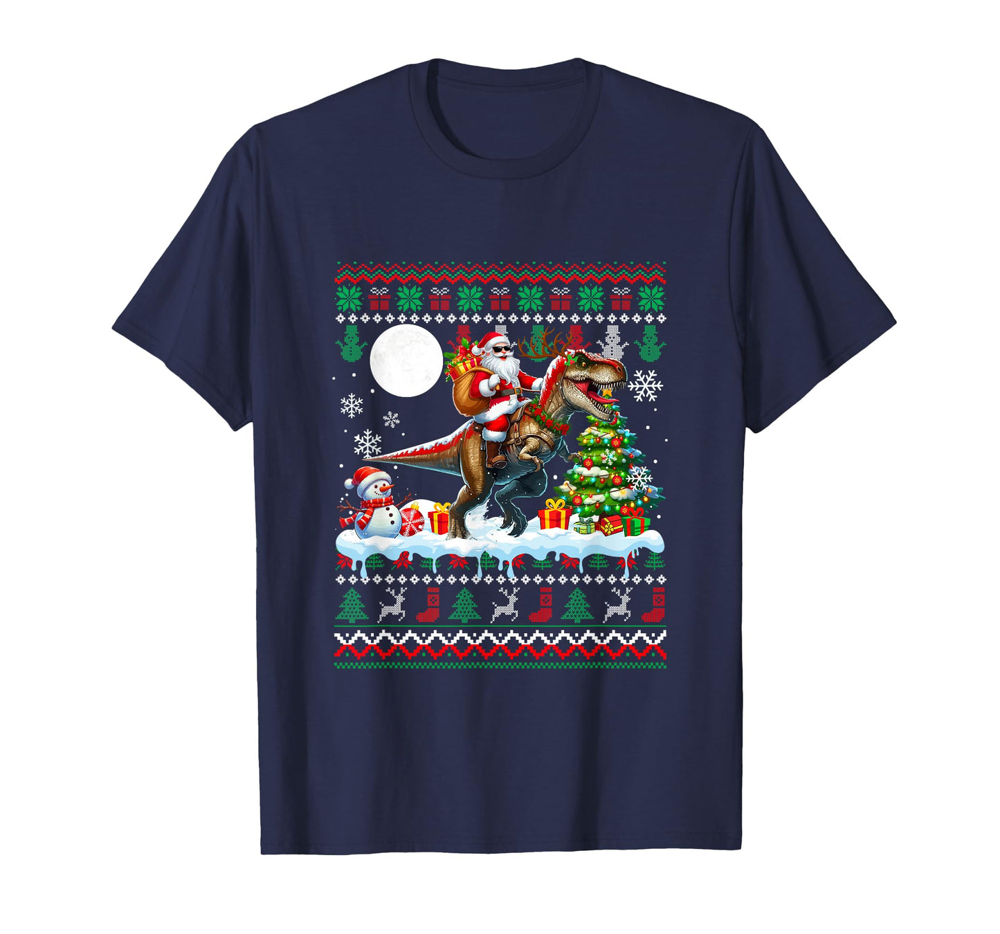 Santa Sunglasses Riding T-Rex Christmas Sweater Snowman T-Shirt