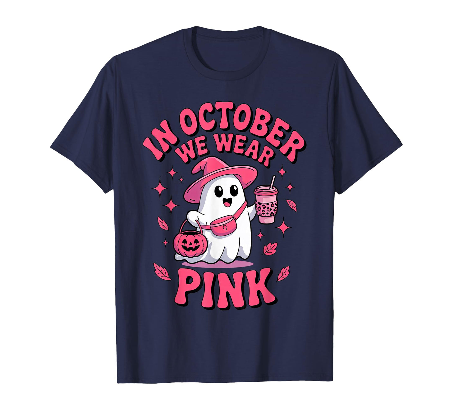 Cute Ghost Drinking Coffee in October We Wear Pink Costume T-Shirt