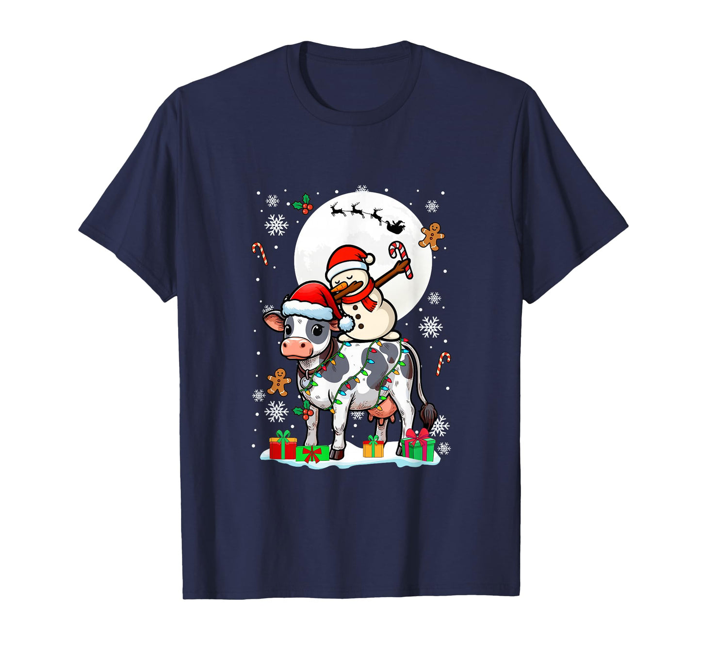Dabbing Snowman On Cow Christmas Santa Colorful Lights T-Shirt