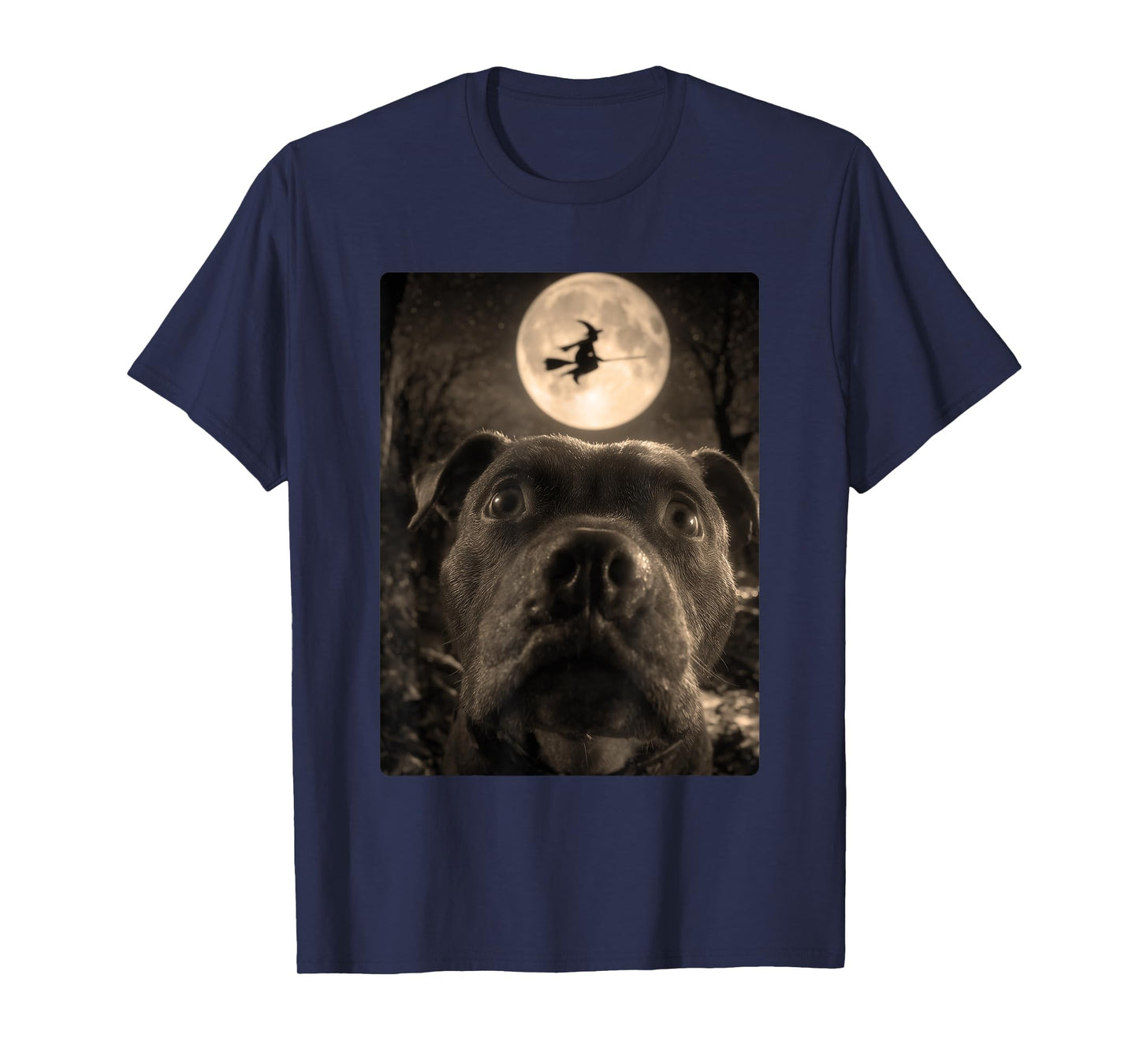 Funny Pit Bull Selfie Full Moon Flying Witch Halloween Dog T-Shirt