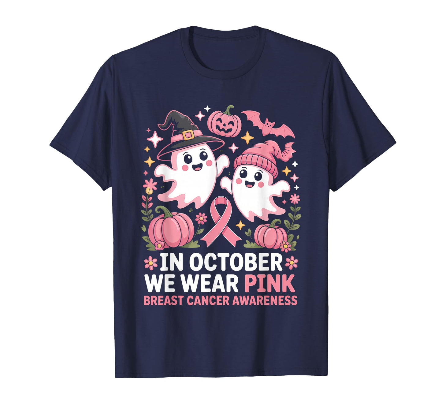 in October We Wear Pink Ghost Witch Breast Cancer Awareness T-Shirt