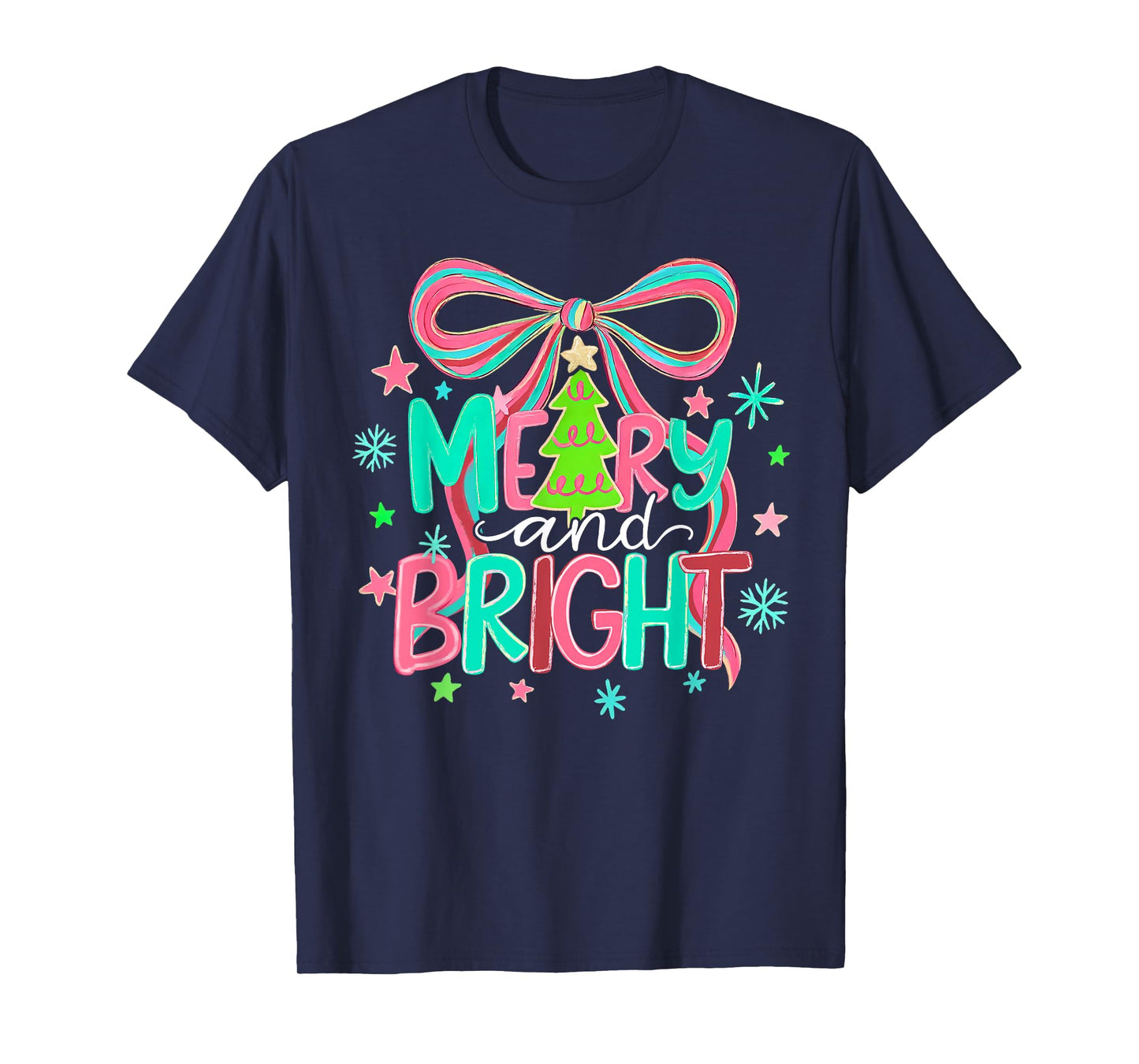 Merry and Bright Coquette Bow Christmas Snowflake Holiday T-Shirt