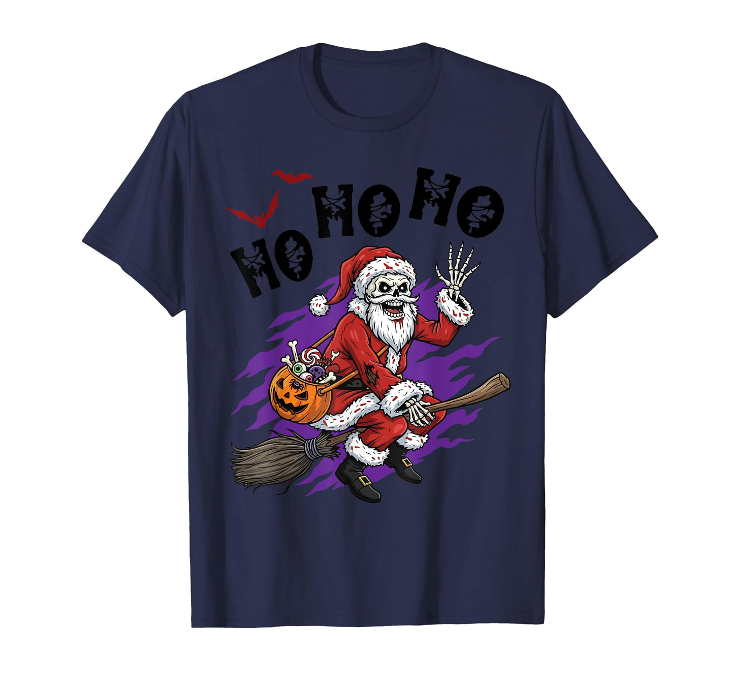Skeleton Santa On Broom with Candy Bucket Halloween HO HO HO T-Shirt