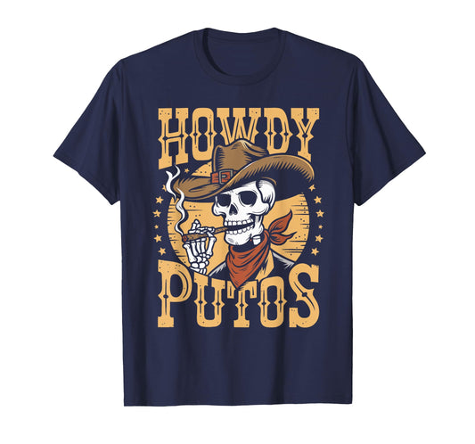 Vintage Howdy Putos Skull Cowboy Western Country Spanish T-Shirt