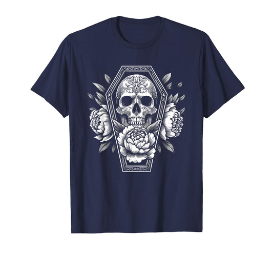 Goth Skull and Roses in Coffin Halloween Spooky Occult Pagan T-Shirt