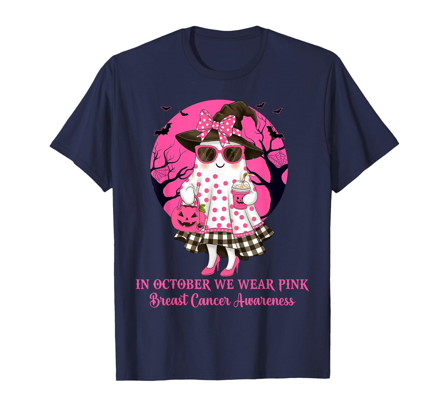 in October We Wear Pink Ghost Witch Breast Cancer Awareness T-Shirt