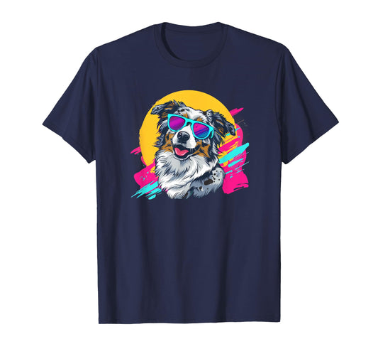 Funny Retro Vintage 80s Blue Merle Australian Shepherd Lover T-Shirt