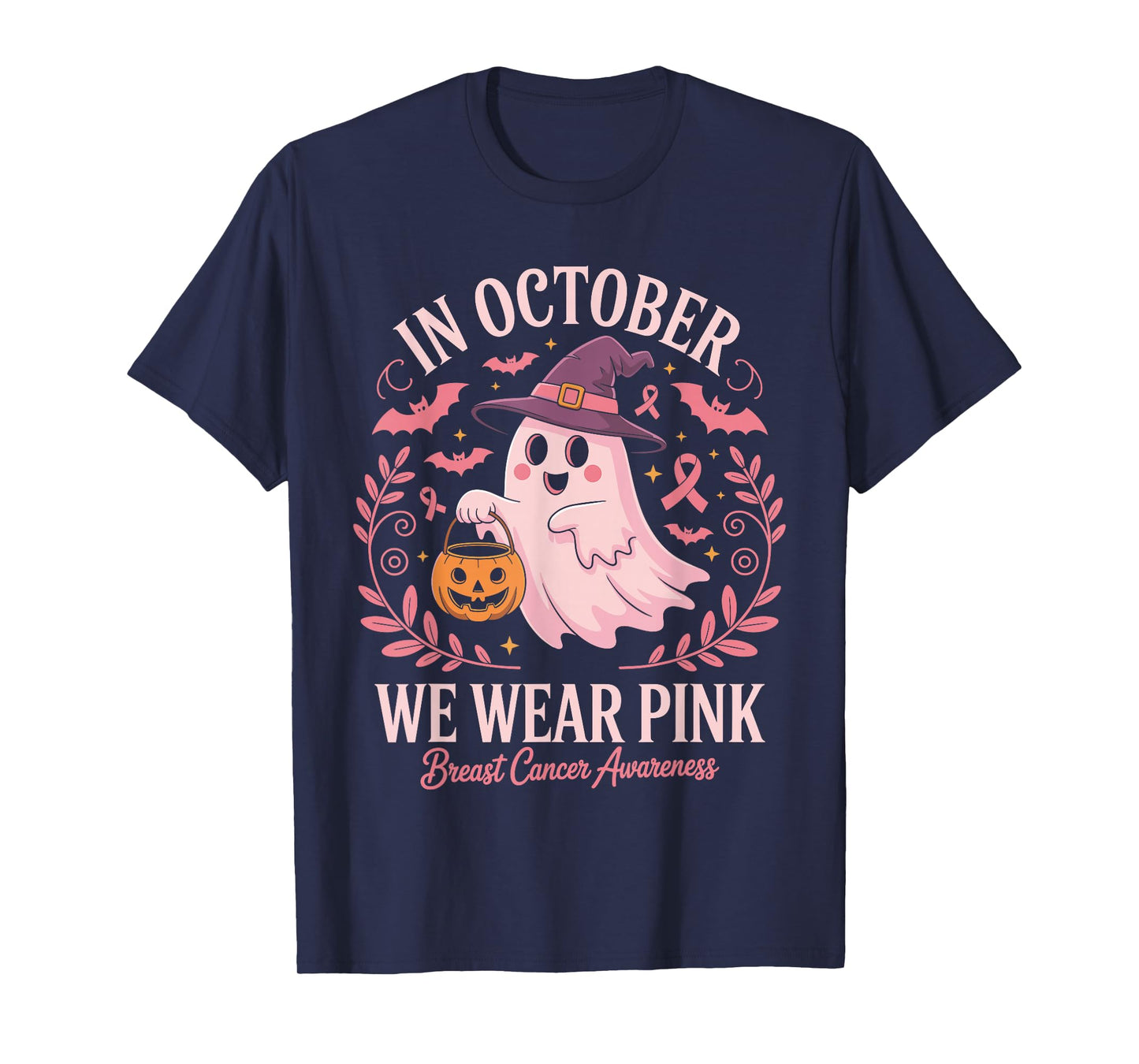 in October We Wear Pink Breast Cancer Awareness Ghost T-Shirt