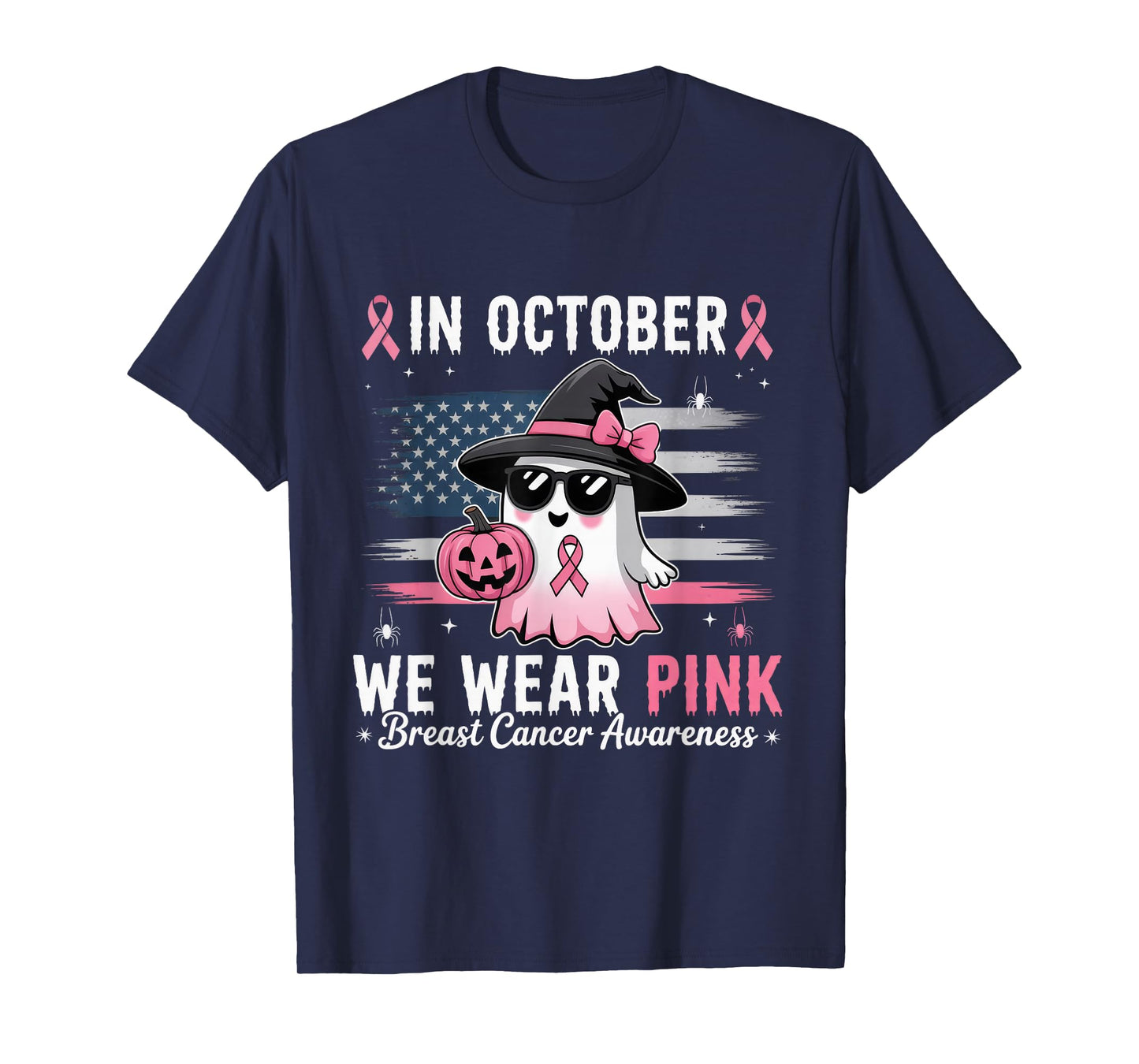 in October We Wear Pink Ghost Witch Breast Cancer Awareness T-Shirt