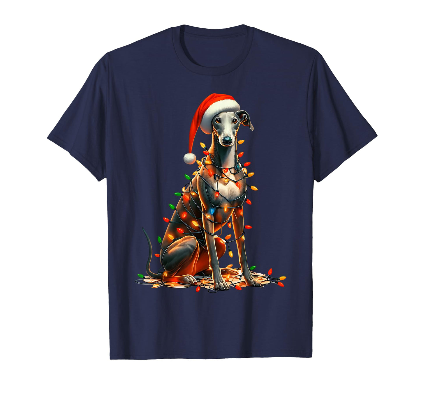 Greyhound Dog Christmas Lights Santa Hat Dog Lover T-Shirt