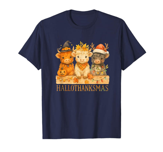 Hallothanksmas Highland Cow Trio Halloween Thanksgiving T-Shirt