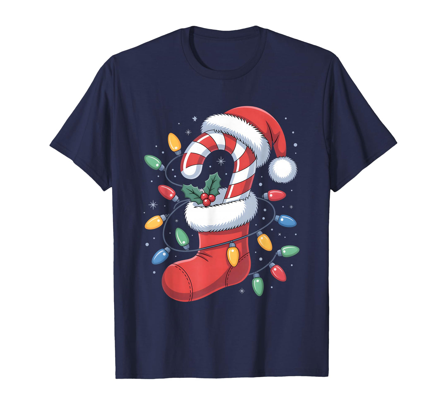 Christmas Stocking Candy Cane Santa Lights Women Men Kids T-Shirt