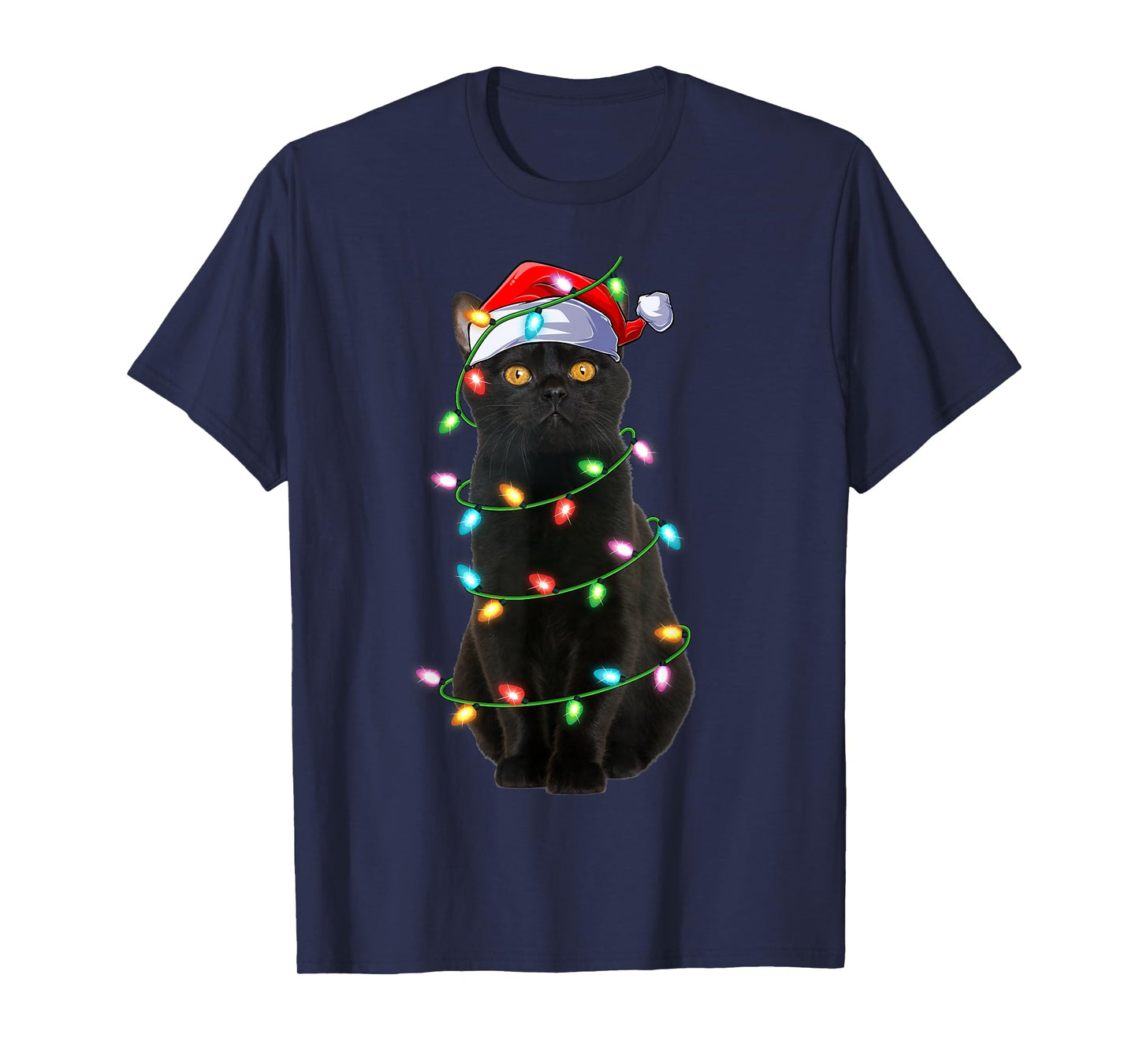 Black Cat Christmas Lights Funny Santa Hat Cat Xmas T-Shirt