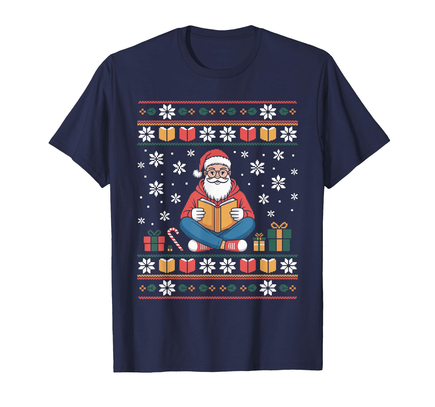 Santa Claus Reading Book Lover Ugly Christmas Sweater Xmas T-Shirt